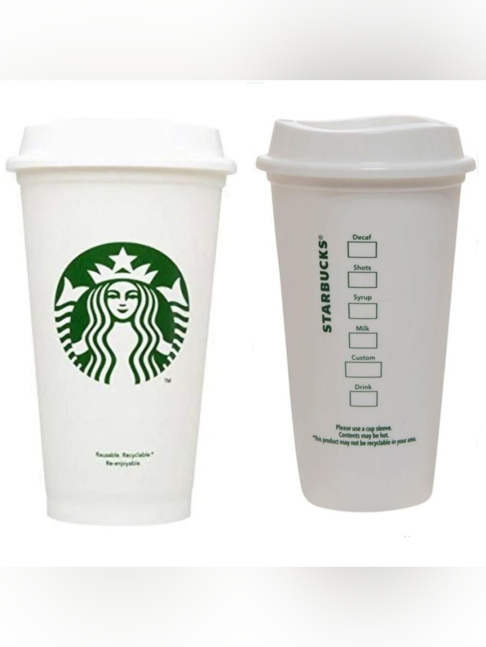 Starbucks White Reusable Cup with Green Logo and Markings